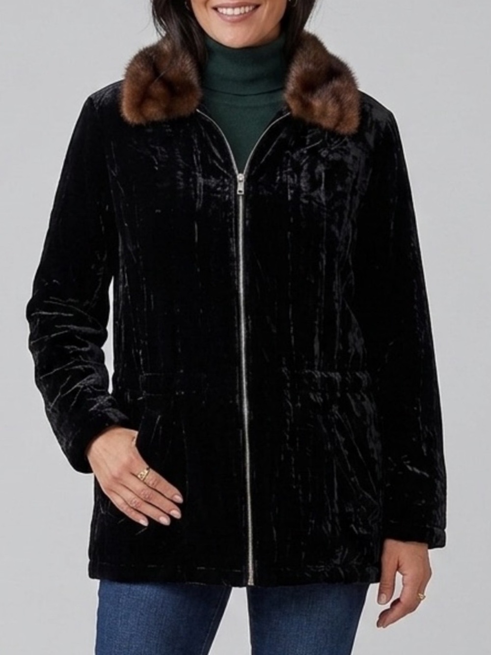 Ralph Lauren Black Velour Fur Collar Silk Blend Puffer Jacket Size Petite Medium